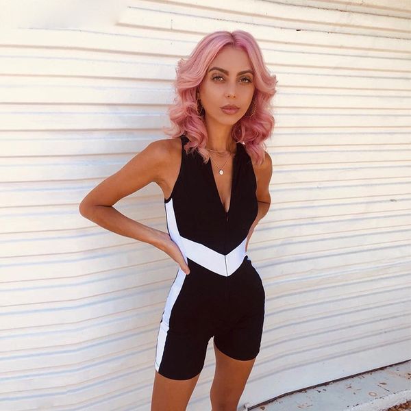 

women bodysuits fitness v neck sleeveless striped casual fashion sportswear slim tennis femme jumpsuit rompers new drop shipping, Black;white