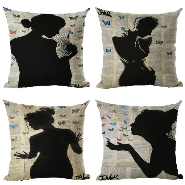 

lychee women figure printed cushion case colorful flax 45x45cm cushion cover for bedroom home office