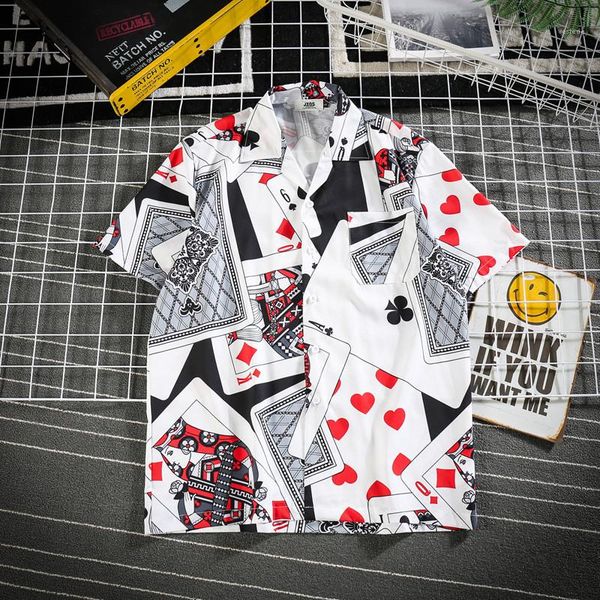 

mens designer short sleeved shirts summer casual poker print turn down collar shirts mens contrast color clothing, White;black