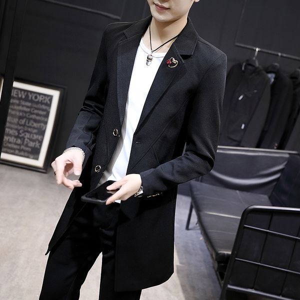 

autumn new men windbreaker fashion thin slim single breasted overcoat casual black lapel formal medium long jackets male m-3xl, White;black