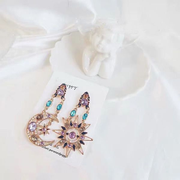 

mengjiqiao 2019 new vintage moon star asymmetric drop earrings for women girls exaggerated colorful crystal brinco party jewelry, Silver