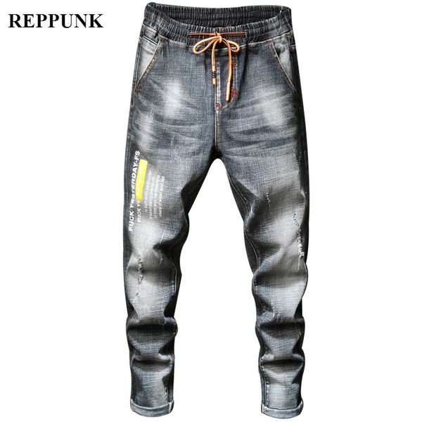 

reppunk 2019 fashion denim pants men hip hop letter print jeans men elastic pencil trousers ripped jeans for male denim pants, Blue