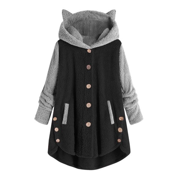 

jaycosin женщина пушистого hoodie зима сыпучей толстовка толстовка solid winter kawaii cat ear с капюшоном пуговица руно куртка tracksuit 1, Black