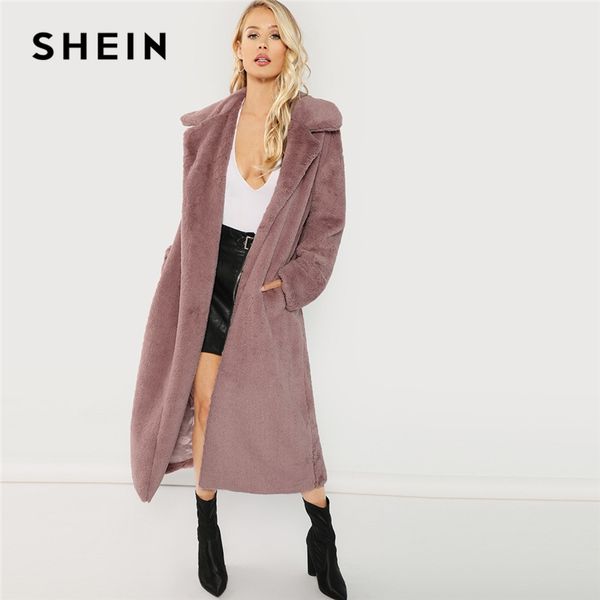 

shein pink office lady elegant open front longline faux fur teddy solid coat 2018 autumn minimalist women coats outerwear, Black