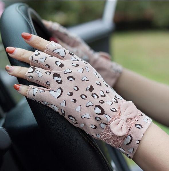 

women' spring and summer cotton leopard driving gloves lady' summer sunscreen slip-proof glove fingerless glove r360, Blue;gray