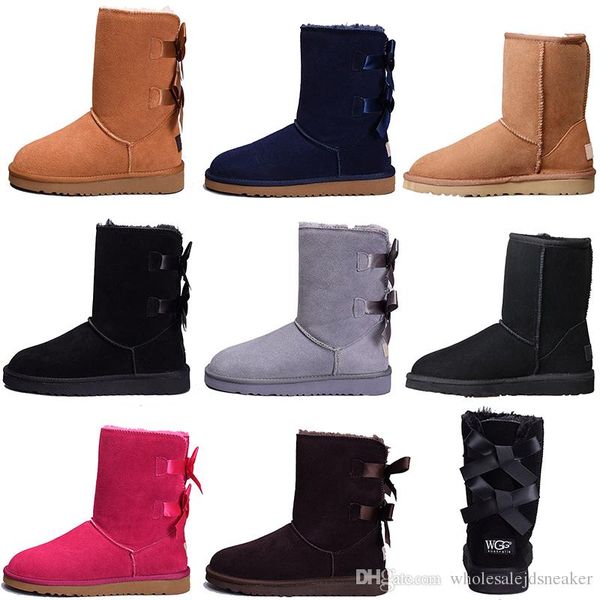 

designer women winter snow boots fashion australia classic short bow boots ankle knee bow girl mini bailey boot 2019 size 35-41 ship, Black