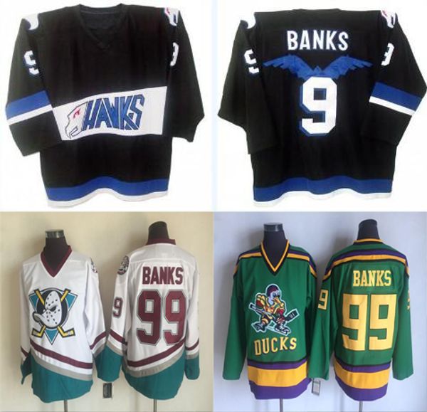 Мужские винтажные майки Mighty Ducks Movie Jersey Hawks 9 Adam Banks Сшитые хоккейные майки с вышивкой Черный Белый Зеленый Быстрая доставка Размер S-XXXL
