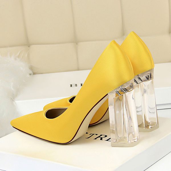 

2019 plus size 43 women block 10cm high heels lady scarpins green satin pumps female wedding yellow blue silk transparent shoes, Black