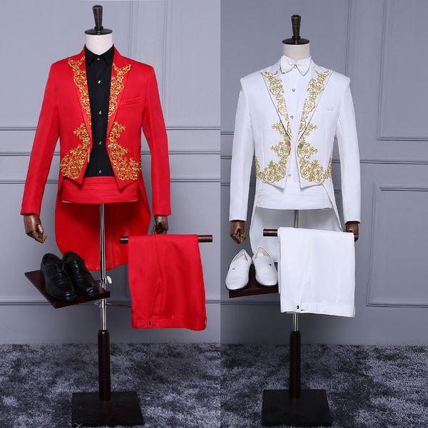 

red and black and white golden embroidery tuxedo suit party chorus performance conductor clothing host men's dress, White;black