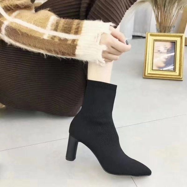 

autumn boots sock shoes chunky heel luxury designer winter women booties ladies lace up stockings pointy med fashion mid-calf mi, Black