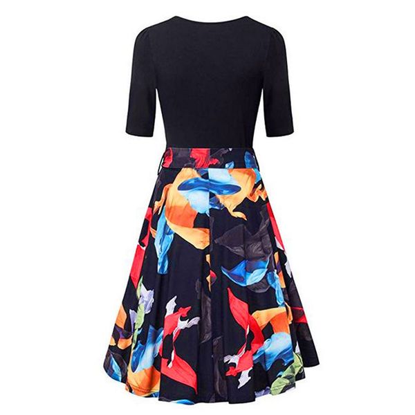 

summer dress 2019 high-end polyester women's short sleeve v neck floral dress vintage elegant flared vestidos mujer, Black;gray