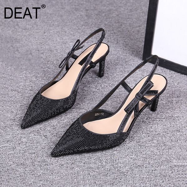 

deat] 2020 new spring summer sharp toe shallow bowknot crystal genuine leather thin heels sandals for women shoes tide 10h894, Black