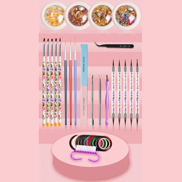 

14pcs manicure nail crystals decors painting brushes dotting tools nail file kit