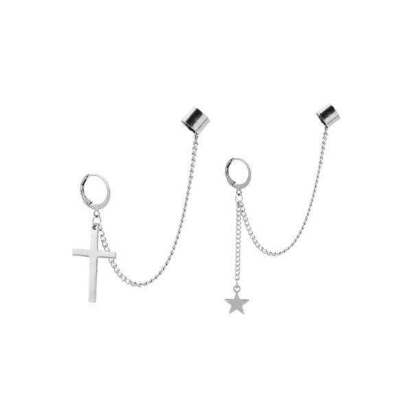 

stainless steel ear cuffs dangle chain earrings cross star pendant ring hoop set, Golden;silver