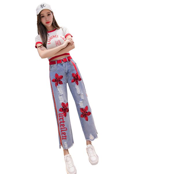 

spring and fallwomen new embroidery hole jeans female summer korean verson loose jeans ms high waist casual wide leg pants tide, Blue