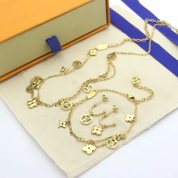 

europe america style jewelry sets lady women tassels cluster hollow out four leaf flower v letter 18k gold necklace bracelet earrings sets, Silver