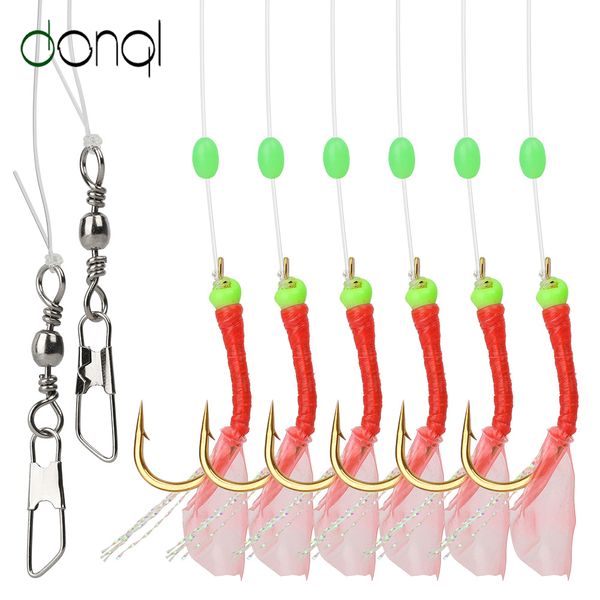 

donql combination string fishing hooks jig luminous night fishhook with feathers 6 hooks + fishing swivel connector