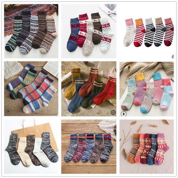 

explosion models autumn and winter ladies wool cross-border foreign trade ethnic style women's socks totem socks strips flower socks, Black;white