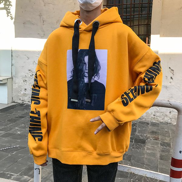 

2019 new large size winter simple popular men's loose korean version of the wild hooded plus velvet retro casual pullover, Black