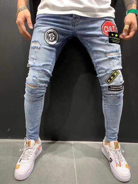 

men pants badge jeans designer fashion capris jeans new stretch slim men's zipper fly skinny jeans pants with letter pattern size s-3xl, Blue