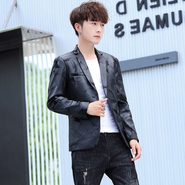 

hoo 2020 men's fashion printing slim blazers england youth tide pu leather blazers, White;black