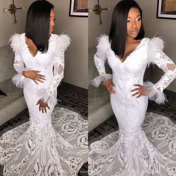 

2019 white mermaid prom dresses v neck lace appliqued sequins sweep train feathers evening dresses party wear arabic formal cocktail gowns, Black
