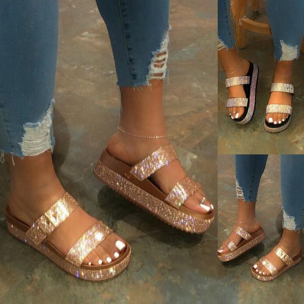 

women double-layer rhinestone buckle sandals outside wild beach slippers ladies leisure home travel flip flop 2020, Black