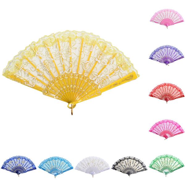 

chinese style colorful decorative fans lace fabric silk folding hand held dance fans flower party wedding prom