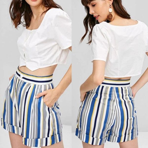 

white solid color tee frilled striped shorts round neck short sleeve set summer women casual suit, Gray