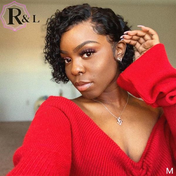 

lace wigs rulinda 13x6 front human hair short curly brazilian remy with baby 150% density, Black;brown