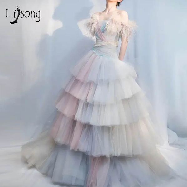 

pretty colorful puffy tutu prom dresses ruffles tiered feather ball gowns long prom gowns party dresses plus size, White;black