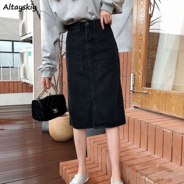 

skirts women black denim knee-length skirt womens retro korean vintage all-match leisure daily fit slim summer chic student hot