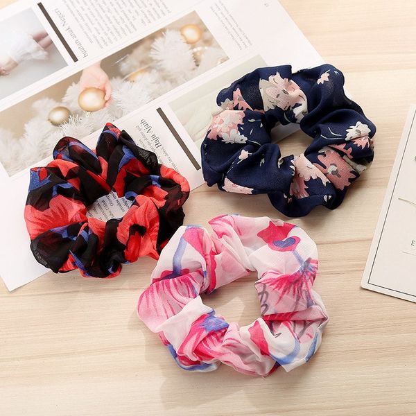 

women's girl hair scrunchie headband ring elastic print flower hair bun rope dance floral scrunchy soft chiffon hair bands 50pcs fj3359, Slivery;white