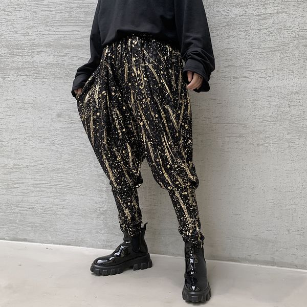 

men's pants hip-hop tide male hairdresser autumn personality splash ink printing casual harem, Black