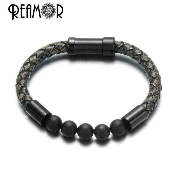

reamor retro matte black natural stone stainless steel bracelets full-grain braided leather bracelet men women gift jewelry, Golden;silver