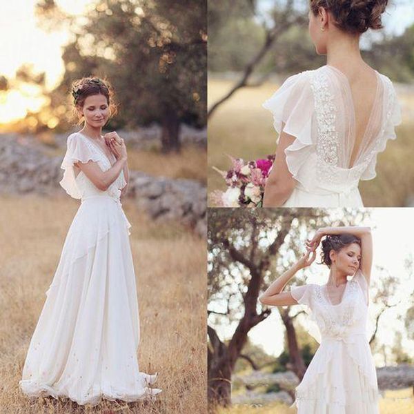 Abiti da sposa stile hippie 2018 Abito da sposa a-line da spiaggia Abiti da sposa in gravidanza premaman Chiffon di pizzo bianco senza schienale