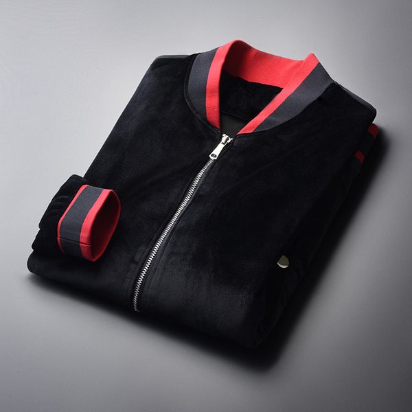 

stand collar luxury velvet zipper mens and coats plus size 4xl contrast color rib slim men jackets, Black;brown