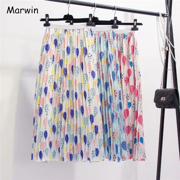 

marwin 2019 new-coming summer fresh balloon printing pleated women skirt a-line high street european style mid-calf women skirts, Black