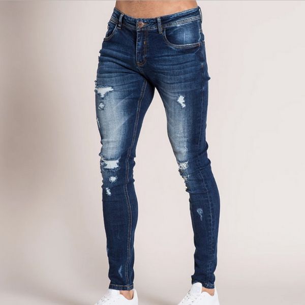 

mjartoria men solid ripped jeans skinny biker zipper men hole pants denim cotton hip hop work trousers pants, Blue