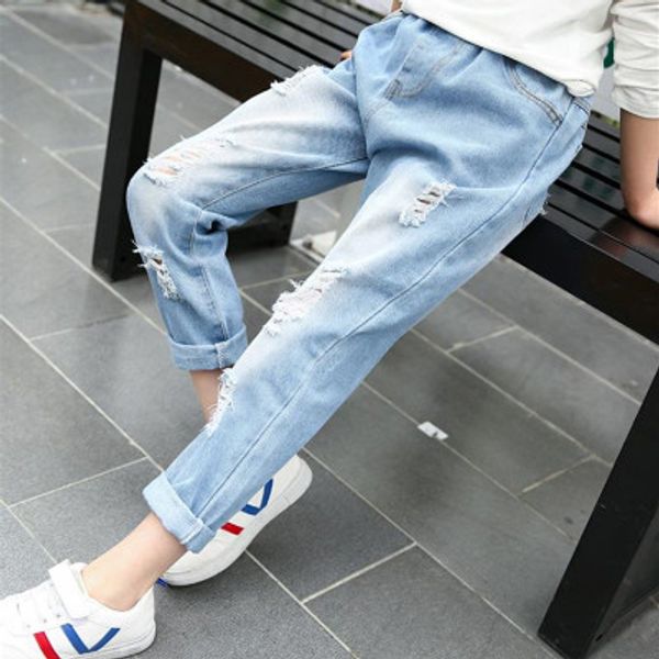 

2020 children's clothing new children's pants boy holes jeans spring and autumn cotton baby kids pants, Blue