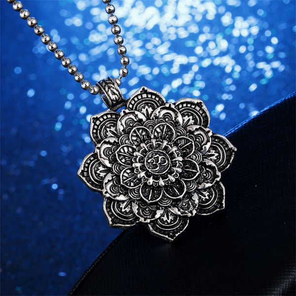 

vintage alloy mandala lotus flower pendant necklaces for women charm leather chain amulet religious loto fiore jewelry, Silver