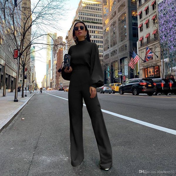 

womens jumpsuit solid color women fashion long sleeved high necked halter fashion casual one-piece trousers autumn and winter for women, Black;white