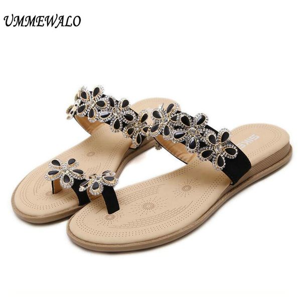 

ummewalo women toe ring sandals femme flip flops flat sandals slippers flowers rhinestone gladiator sandal shoes zapatos mujer, Black