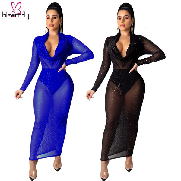 

sequined maxi club dress perspective mesh dress women deep v neck high waist long bandage long sleeve bronzing skinny, Black;gray