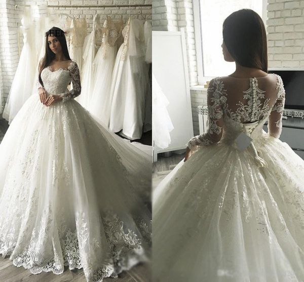 New Gorgesous maniche lunghe abito da ballo in pizzo abiti da sposa girocollo puro abiti da sposa celebrità vestido de noiva robe de mariee lusso