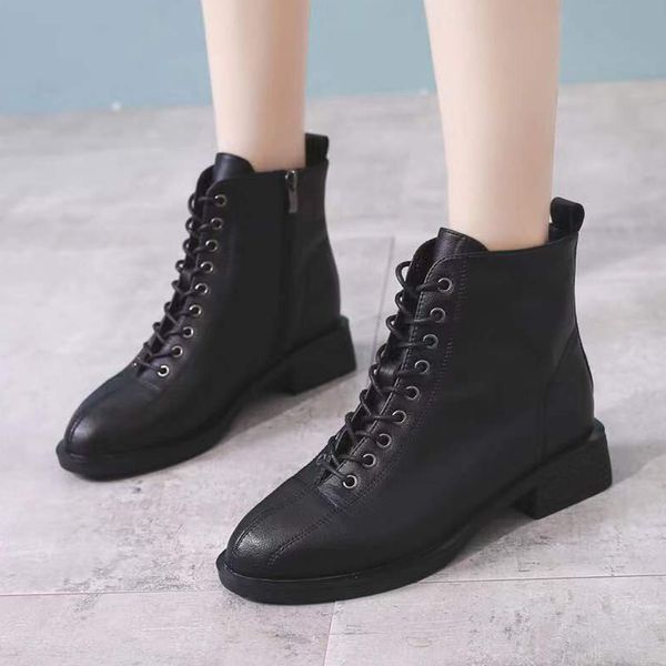 

thick heel womens martin boots ankle shoes genuine leather boots cow muscle sole slip-on heel classic black boot for ladies size 35-40