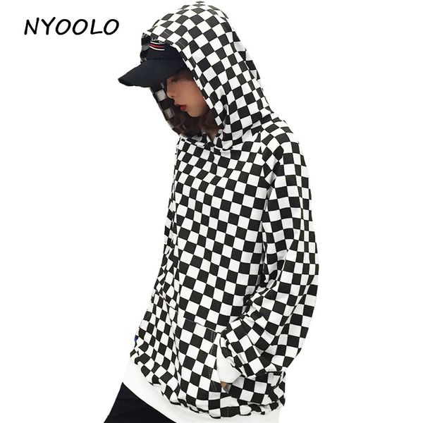 

nyoolo black white plaid hoodies fashion design long sleeve pullovers hooded sweatshirt women/men clothing streetwear