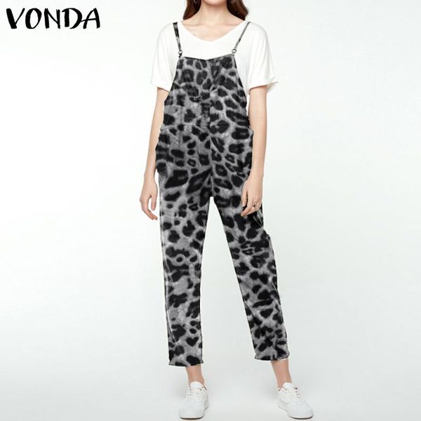 

vonda summer rompers 2020 women vintage leopard printed jumpsuits loose casual playsuits plus size bohemian overalls femme, Black;white