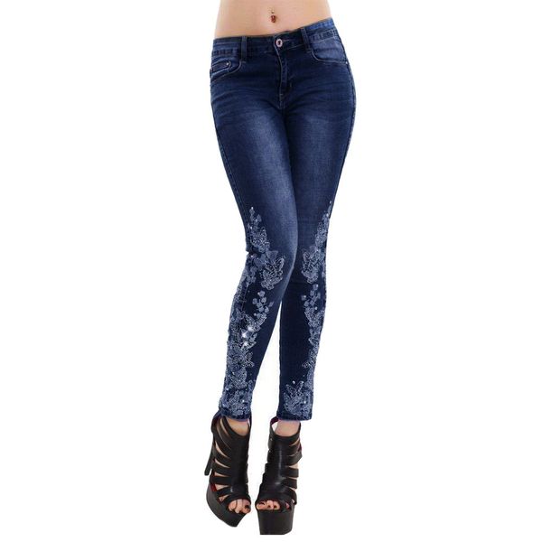 

women embroidery skinny pencil soft and comfortable denim jeans stretch slim fitness pants trousers l50/0204, Blue