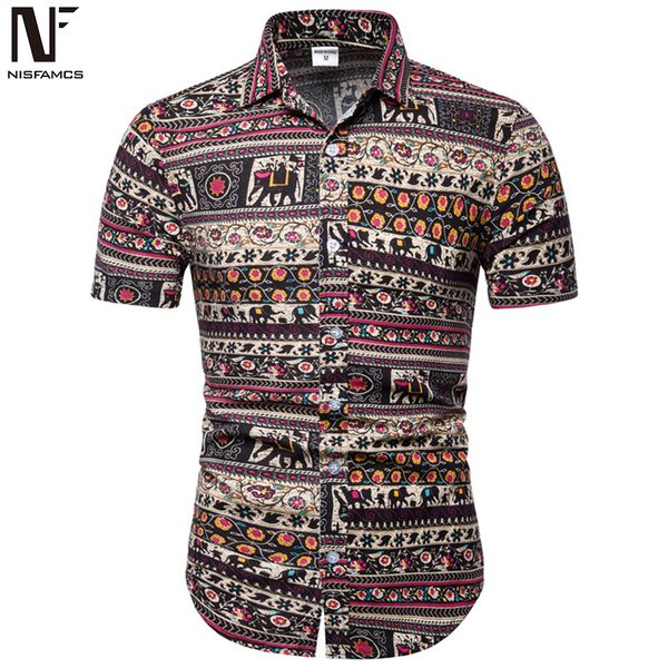 

ethnic style men shirt fetival wear elephant printed vintage floral blouse man 2019 summer new fashion male short blusa 5xl, White;black